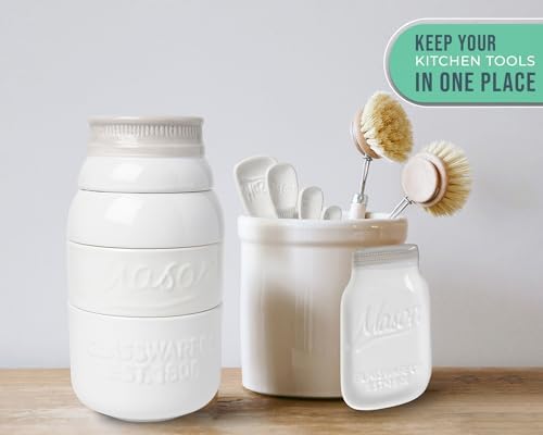 Comfify White Mason Jar Measuring Set – 4 Cups, 4 Spoons, Spoon Rest