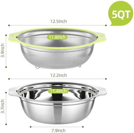 Colander Stainless Steel Microporous, 5QT Large Capacity Rice Washer with Mixing Bowl, 12.5’’Rice Strainer Bowl Set with Handle, Food-Grade Strainers and Colanders for Washing Rice, Pasta
