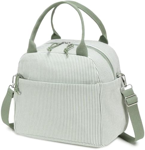 Bluboon Lunch Box for Women Cute Lunch Bag Reusable Insulated Lunch Bags Large Capacity Lunchbox Cooler for Work Picnic or Travel Gifts (A Sage Green White Stripes-13L, 10 x 7.5 x 8 inches)