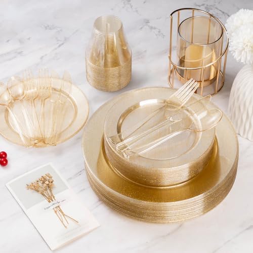 Goodluck 200PCS Gold Glitter Plastic Plates, Heavy Duty Disposable Gold