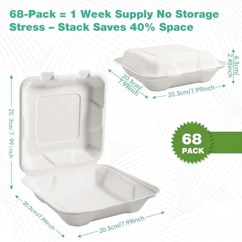 8x8 Inch 68 Pack Compostable Clamshell Take Out Food Containers, Disposable Paper To Go Boxes with Lids, Heavy Duty Sugarcane Bagasse Containers for Meals & Takeout, White