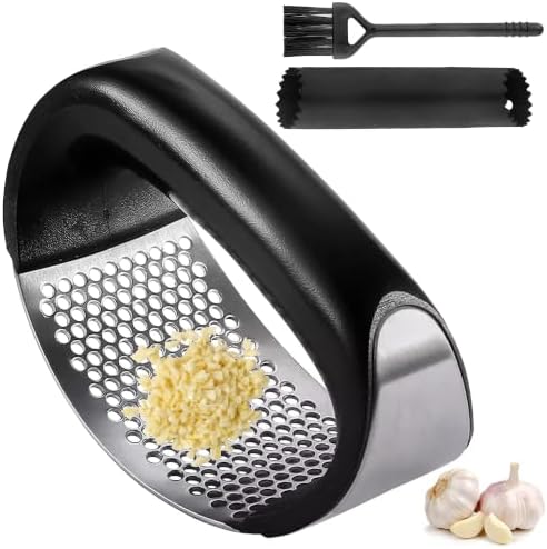 Garlic Press - Stainless Steel Rust Proof & Dishwasher Safe Garlic Twister Mincer, Durable Garlic Crusher Chopper with Peeler, Brush, Easy to Clean, Kitchen Gadgets Tool for Garlic, Ginger, Spices