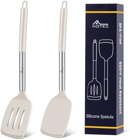 HOTEC Silicone Spatula Set of 2 Heat-Resistant 600°F & BPA-Free Kitchen SaptulaTurner with Stainless Steel Handles, Slotted & Solid Spatulas for Nonstick Cookware, 13.7 Inch, Khaki