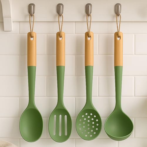 Beille 6pc Beech Wood and Silicone Kitchen Utensils Complete Set Meal Prep Cooking Baking Supplies Home Essentials, Olive Green