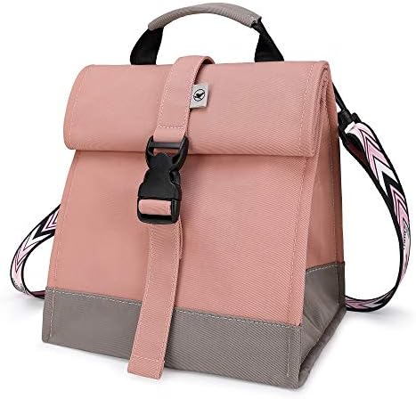 SUNNY BIRD Insulated Lunch Bag Rolltop Lunch Box (Pink with pink shoulder strap)