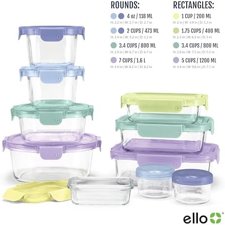 Ello Color Lock 20pc Glass Food Storage Containers with Lids, Purple Rain