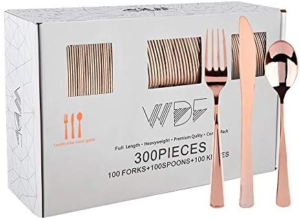WDF 300 Pieces Rose Gold Plastic Silverware- Disposable Flatware Set - Heavy Duty Plastic Cutlery Includes 100 Forks, 100 Spoons, 100 Knives Perfect for Wedding/Party/Birthday