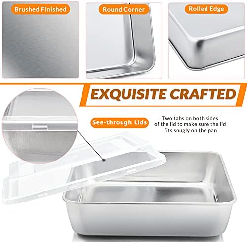 E-far 8 x 8-Inch Square Baking Pan with Lid, Stainless Steel Square Cake Brownie Pan, Fit for Toaster Oven, Non-toxic & Healthy, Easy Storage & Dishwasher Safe - 2 Pieces