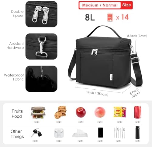 NOL Insulated Lunch Bags for Women Cooler Bag Lightweight Nylon Waterproof Lunch Box For Work (Medium(normal), New black)