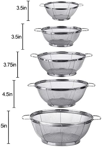 5 Pack 18/8 Stainless Steel Colander Sieves, Multi Size Mesh Strainer Net Baskets with Handles & Resting Base for Strain, Drain, Rinse or Steam