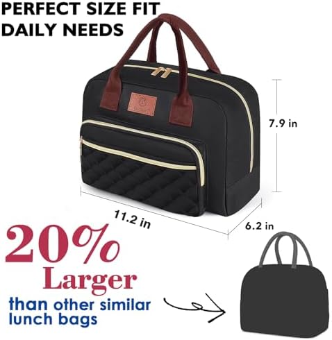 Genteen Lunch Box for Women Men,Insulated Adult LunchBox for Women,Reusable Cute Lunch Bags for Work,High Capacity Cooler Bag Tote for Work Teens Girls Office Travel Picnic School-Black