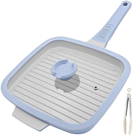 RANX INGST Nonstick Ceramic Griddle Pan with Lid, 10 Inch Steak Pan- Blue
