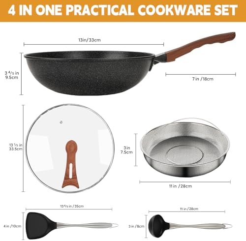 AOSION 13'' Nonstick Wok, Woks & Stir-Fry Pans with Lid and Steamer Basket