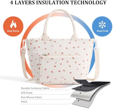 Lunch Bag for Women Adult Large Insulated Lunch Box Girl Cute Corduroy Lunch Tote Bags Reusable Leakproof Cooler Work Picnic