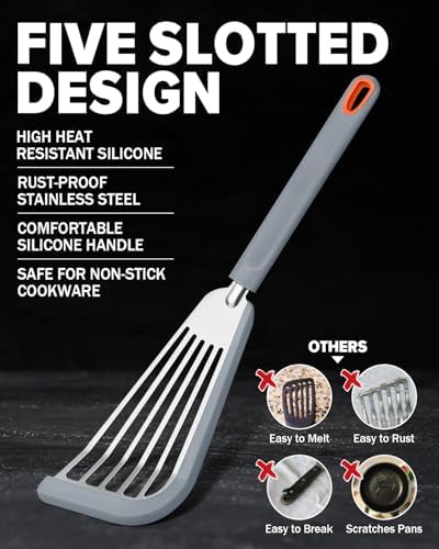Fish Spatula Turner,Thin Slotted,Stainless Steel With Silicone Edge,2 Pack
