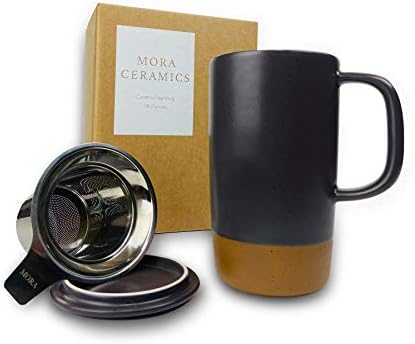 Mora Ceramics Large Tea Mug with Loose Leaf Infuser and Ceramic Lid, 18 oz, Portable, Microwave, Dishwasher Safe, Tall Coffee Cup - Rustic Matte Ceramic Glaze, Modern Herbal Tea Strainer, Nightwaves