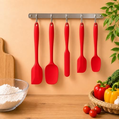 5 Piece Silicone Spatula Set, Heat Resistant up to 446°F, BPA-Free One-Piece Kitchen Rubber Spatula Set for Cooking, Baking, Mixing & Scraping, Nonstick Cookware Safe, Dishwasher Safe, Red