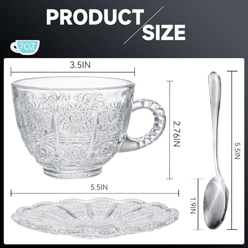 Glass Teacups and Saucers Set of 6, Vintage Coffee Mugs with Stainless Steel Spoon, Dishwasher & Microwave Safe Teacups for Espresso Cappuccino Latte Tea Juice, 7OZ/210ML, Clear