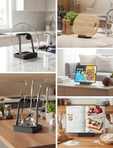 NiHome Big Pot Lid Holder and Spoon Rest with Removable Drip Tray – Black Iron Kitchen Counter Organizer for Cooking Utensils, Ladles, Spatulas, Cutting Boards & Cookware