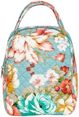 Machine Washable Women Quilted Fabric Insulated Reusable Cooler Lunch Bag Tote Adult Thermal Lunch Box Storage Bag for Ｗork (Floral)
