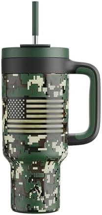 40 oz Camo Tumbler with Handle, 2-in-1 Straw and Sip Lid, Leakproof, Dishwasher Safe, Insulated Stainless Steel Travel Coffee Mug, Keeps Cold for 34 Hours, Fits in Car Cupholder (Woodland Flag)