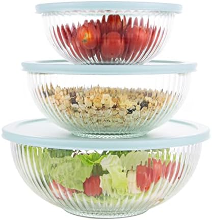 WhiteRhino Glass Mixing Bowls with Lids Set of 3(3.7QT, 2.1QT, 1.1QT),Large Kitchen Salad Bowls, Space-Saving Nesting Bowls, Clear Glass Serving Bowls for Cooking,Baking,Prepping,Dishwasher Safe