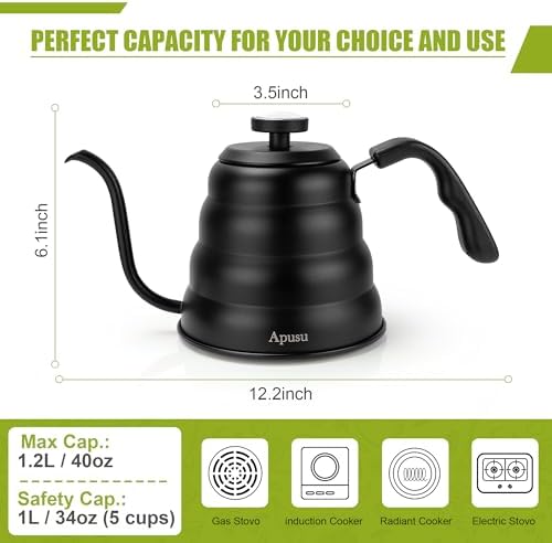 Tea Kettle For Stovetop,Gooseneck Pour Over Kettle,Thermometer,40oz,Black