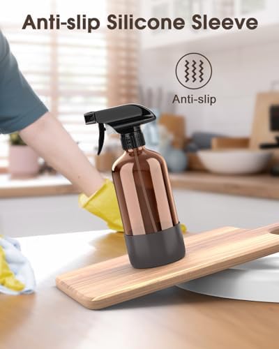 Bontip Glass Spray Bottle with Silicone Sleeve Protection, Amber Glass Spray Bottle Set for Window Cleaner Aromatherapy Facial Hydration Watering Flowers Hair Care 2 Pack/16 oz (Black & Grey, 16 oz)