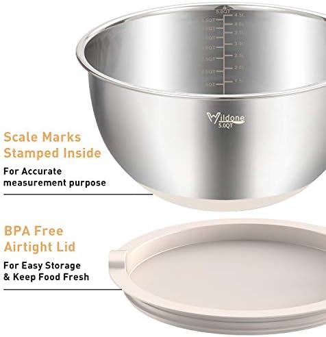 Wildone Mixing Bowls with Airtight Lids Set, 5PCS Stainless Steel Khaki Nesting Bowls for Kitchen, with Grater Attachments & Non-Slip Bottoms, Size 5, 3, 2, 1.5, 0.63 QT, Great for Mixing & Serving