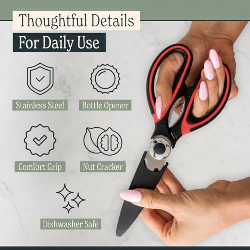 Heavy Duty Kitchen Shears With Sharpener - Lifetime Replacement Warranty* - Multipurpose Stainless Steel Scissors for Food - Sharp Food-Grade Kitchen Scissor for Meat, Seafood, Poultry - Set (Red)
