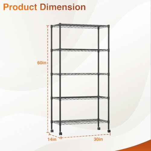 BestOffice | 5-Tier Wire Shelf with Wheels | 14" x 30" x 60" | Black