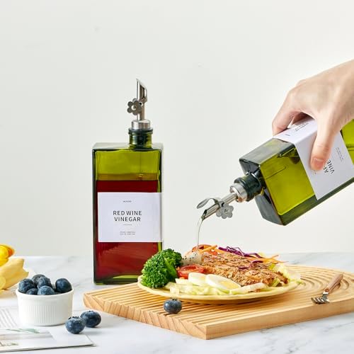 Olive Oil Dispenser Bottle for Kitchen, 16.9oz /500ml Cooking Vinegar Dispenser Bottle Set, Glass Sauce Container, Labels, Brush, Funnel, Stoppers, Green for Oil, Wine