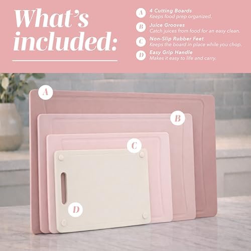 COOK WITH COLOR Non-Slip Cutting Board Set – Kitchen Essentials with Easy Grip Handle for Meat, Veggies, and Fruits, 4 Cutting Boards, Pink