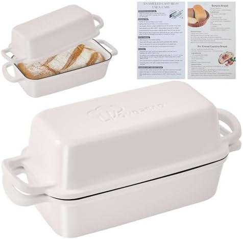 Cast Iron Loaf Pan with Lid 10x5 Inch Enameled Bread Loaf Pan for Sourdough, 2 Piece Set, Cream