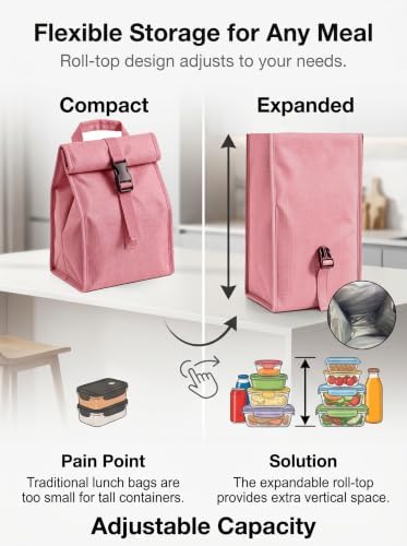 ZM-YOUTOO Insulated Foldable Lunch Bag- Lightweight Portable with Adjustable Shoulder Strap Lunch Box for Men, Women, Office, Work, Picnic, Hiking and Beach (Pink(Hard Fabric))