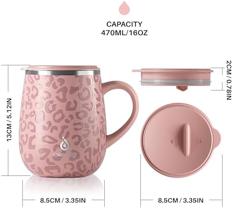 Ideus 16 oz Insulated Coffee Mug with Lid and Handle (Leopard Pink)