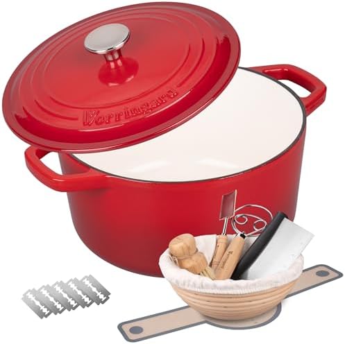 VORRINGARD Enameled Cast Iron Dutch Oven Pot with Lid, for Bread Baking, Round Bread Oven- include Sourdough Bread Baking Supplies Set, 6QT, Red