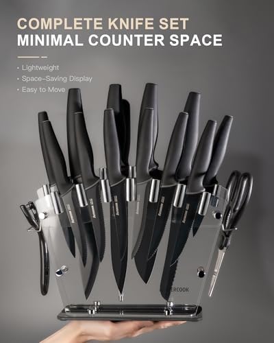 Astercook Knife Set with Block and Sharpener, 22 Piece Kitchen Knife Set Dishwasher Safe, Space-Saving Clear Knife Block with Knives for Everyday Home Cooking Black