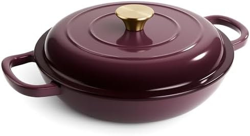 3 Quart Enameled Cast Iron Braiser, Non Stick Enameled Cast Iron Skillet with Lid, Dutch Oven Skillet with lid up to 500°F for Oven, Stove, Grill, Shallow Dutch Oven for Cook, Bake (Fig)