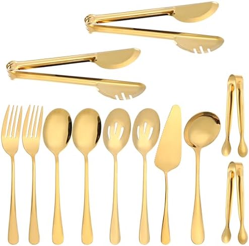 12Pcs Gold Serving Utensils Set, Stainless Steel Serving Utensils Set includes Serving Spoon, Serving Solted Spoons, Fork, Sugar Tongs, Food Tongs, Cake Spatula, Soup Spoon for Parties, Buffet