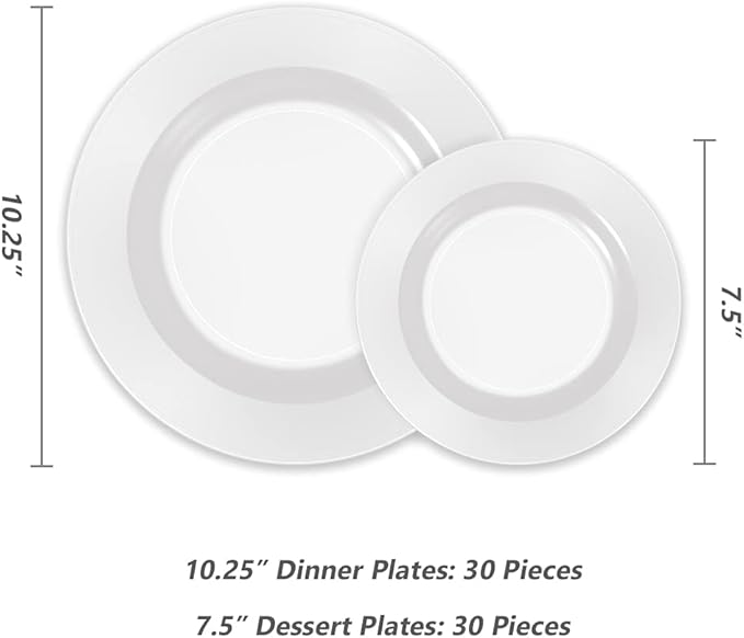 POSATE 60PCS White Disposable Plastic Plates, Heavy Duty Plates for Wedding/Party, 30PCS Dinner Plates 10.25’’ and 30PCS Dessert/Salad Plates 7.5’’, White Plates for Party Event