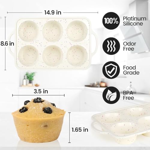 Jumbo Muffin Pan, Metal Reinforced Frame 3.5 inch Large Silicone Cupcake Pan 6 cups Large Muffin Pan with Handle Nonstick Jumbo Muffin Tin for Baking Giant Homemade Muffins, Cupcakes, Frittatas