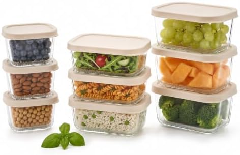 Glass Food Storage Containers with Lids - 18 Piece - 10.5 oz, 17.6 oz & 25.4 oz Sets Glass with BPA-Free Leak Resistant Stackable Lids - Microwave, Oven & Dishwasher Safe - Ideal for - Vanilla Mist