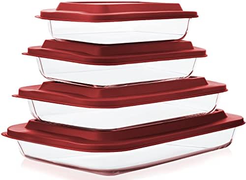 M MCIRCO 8 Piece Deep Glass Baking Dish with Lids, BPA free, Red