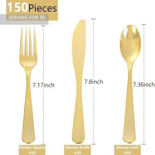 150PCS Gold Plastic Silverware Set Heavy Duty for Weddings