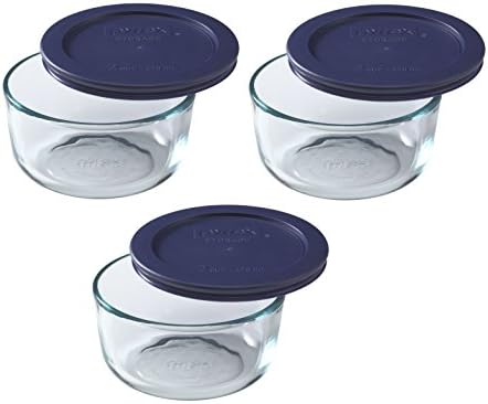 Pyrex 7200 2-Cup Glass Bowl & 7200-PC Dark Blue Lid (3-Pack) - Made in USA