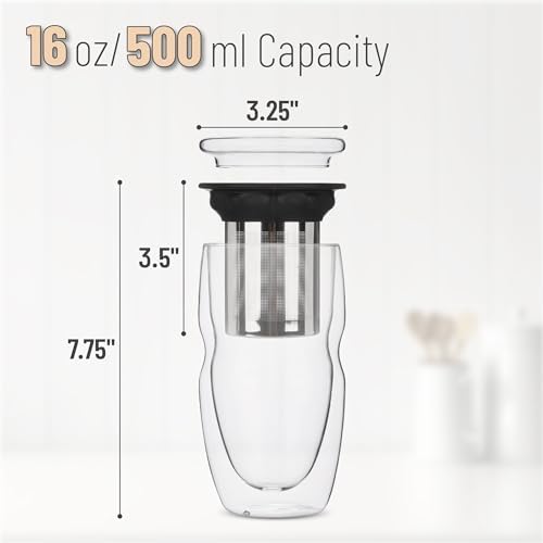 BTaT- Double Wall Glass Tea Cup With Stainless Steel Infuser and Lid, 16 oz, 2 Pack, Borosilicate Glass Tea Mug Infuser, Gifts for Tea Lovers
