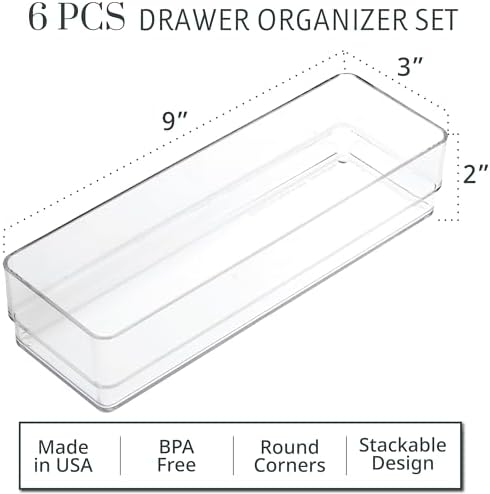 STORi SimpleSort 6-Piece Stackable Clear Drawer Organizer Set | 9" x 3" x 2" Rectangle Trays | Narrow Makeup Vanity Storage Bins and Office Desk Drawer Dividers | Made in USA