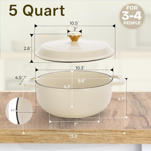 Bonnlo 5QT Round Dutch Oven, Enameled Cast Iron Dutch Oven Pot with Lid & Dual Handles, Oven Safe Up to 500° F, for Sourdough, Bread Baking, Stews and Roasting, White