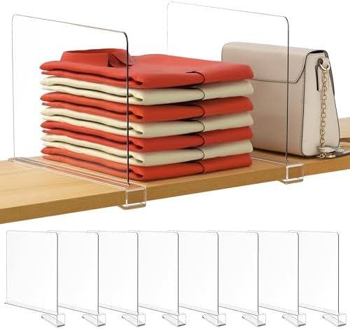 HBlife 12 Inches Tall [Extra Tall Version] Clear Shelf Dividers, 8 Pack Purse Organizer for Closet Perfect for Sweater, Shirts, Handbags, Acrylic Adjustable Bookshelf for Organization